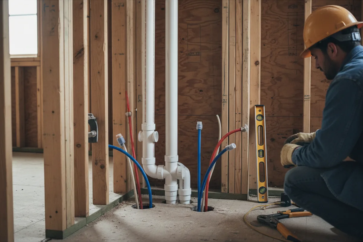 Drain and supply rough-in during Sump Pump Repair in Freeman