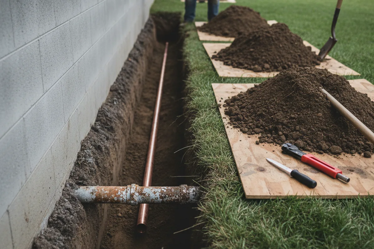 Excavated water line trench during Water Softener Installation in Freeman